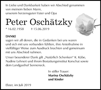 Traueranzeige von Peter Oschätzky von Super Sonntag Wittenberg