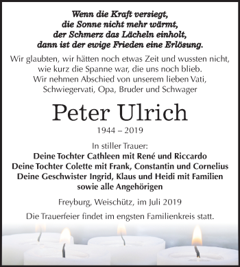 Traueranzeige von Peter Ulrich von Wochenspiegel Naumburg/Nebra