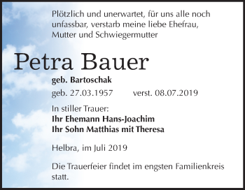 Traueranzeige von Petra Bauer von Mitteldeutsche Zeitung Mansfelder Land