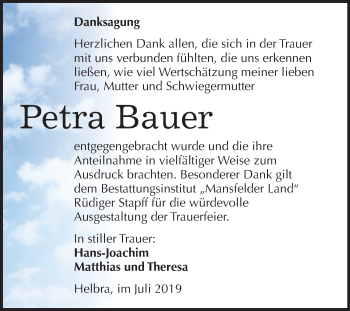 Traueranzeige von Petra Bauer von Mitteldeutsche Zeitung Mansfelder Land