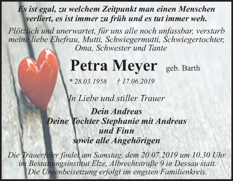  Traueranzeige für Petra Meyer vom 03.07.2019 aus Mitteldeutsche Zeitung Dessau-Roßlau