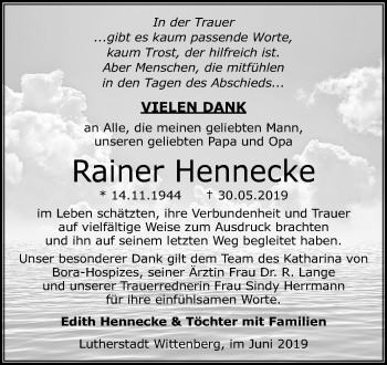 Traueranzeige von Rainer Hennecke von Mitteldeutsche Zeitung Wittenberg