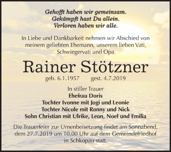 Traueranzeige von Rainer Stötzner von Super Sonntag Merseburg/Querfurt