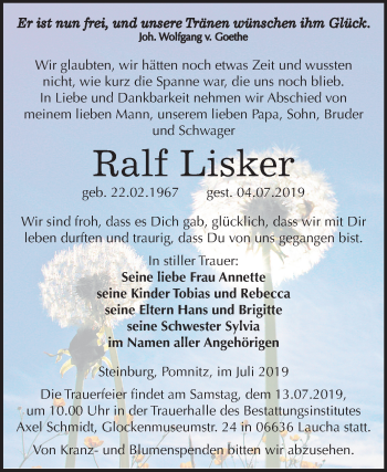Traueranzeige von Ralf Lisker von Wochenspiegel Naumburg/Nebra