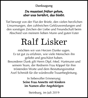 Traueranzeige von Ralf Lisker von Wochenspiegel Naumburg/Nebra