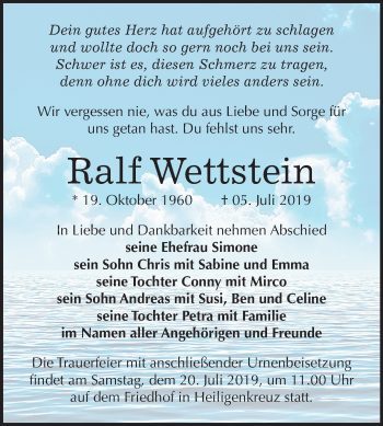 Traueranzeige von Ralf Wettstein von Wochenspiegel Naumburg/Nebra