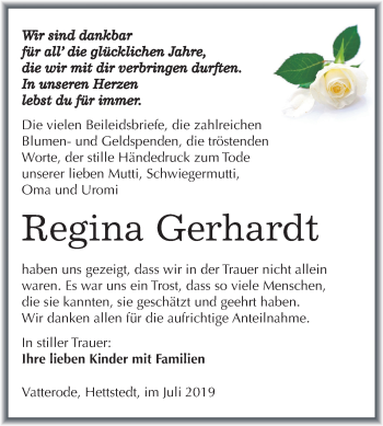 Traueranzeige von Regina Gerhardt von Super Sonntag Mansfelder Land