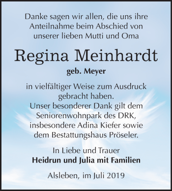 Traueranzeige von Regina Meinhardt von Super Sonntag Bernburg