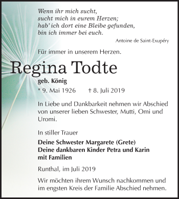 Traueranzeige von Regina Todte von Wochenspiegel Weißenfels