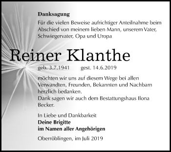 Traueranzeige von Reiner Klanthe von Super Sonntag Sangerhausen