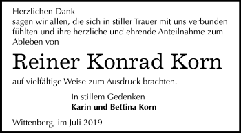 Traueranzeige von Reiner Konrad Korn von Super Sonntag Wittenberg