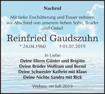 Traueranzeige von Reinfried Gaudszuhn von Mitteldeutsche Zeitung Weißenfels