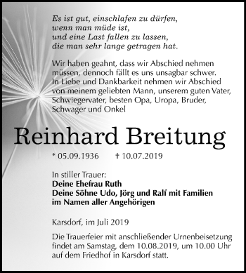 Traueranzeige von Reinhard Breitung von Wochenspiegel Naumburg/Nebra