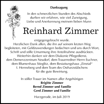 Traueranzeige von Reinhard Zimmer von Mitteldeutsche Zeitung Quedlinburg