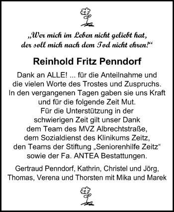 Traueranzeige von Reinhold Fritz Penndorf von Mitteldeutsche Zeitung Zeitz