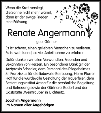 Traueranzeige von Renate Angermann von Wochenspiegel Weißenfels