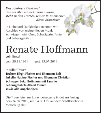 Traueranzeige von Renate Hoffmann von Mitteldeutsche Zeitung Merseburg/Querfurt