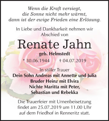 Traueranzeige von Renate Jahn von Mitteldeutsche Zeitung Bitterfeld