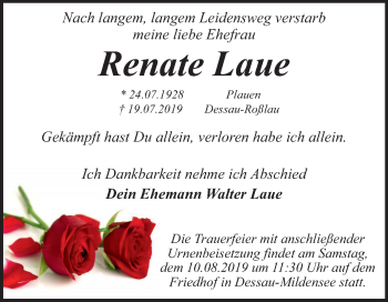 Traueranzeige von Renate Laue von Mitteldeutsche Zeitung Dessau-Roßlau