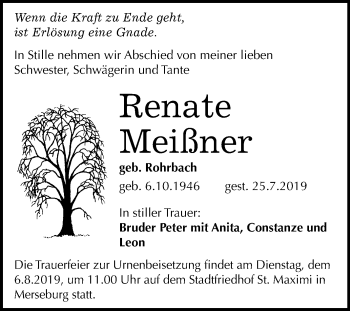 Traueranzeige von Renate Meißner von Mitteldeutsche Zeitung Merseburg/Querfurt