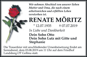 Traueranzeige von Renate Möritz von Mitteldeutsche Zeitung Halle/Saalkreis