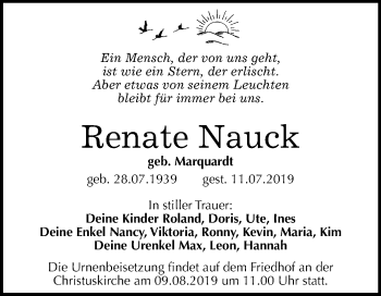 Traueranzeige von Renate Nauck von Super Sonntag Wittenberg