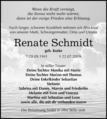 Traueranzeige von Renate Schmidt von Super Sonntag Wittenberg