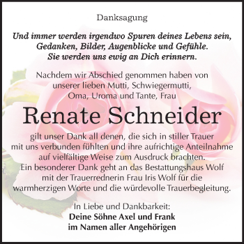 Traueranzeige von Renate Schneider von Wochenspiegel Weißenfels