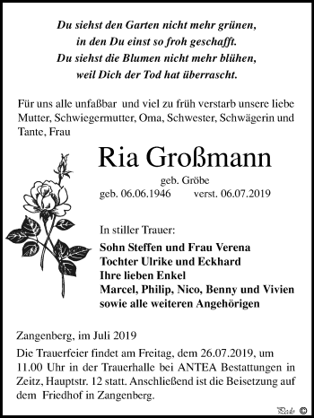 Traueranzeige von Ria Großmann von Mitteldeutsche Zeitung Zeitz