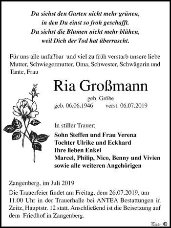 Traueranzeige von Ria Großmann von Super Sonntag Zeitz