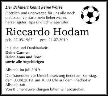 Traueranzeige von Riccardo Hodam von Mitteldeutsche Zeitung Sangerhausen