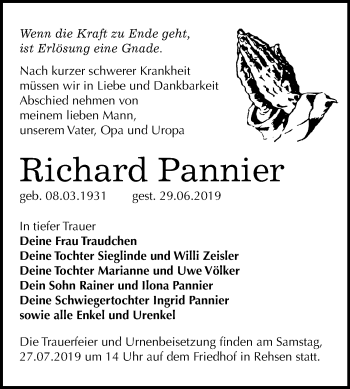 Traueranzeige von Richard Pannier von Super Sonntag Wittenberg
