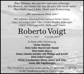 Traueranzeige von Roberto Voigt von Wochenspiegel Mansfelder Land