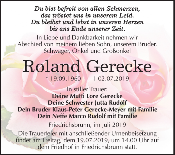 Traueranzeige von Roland Gerecke von Mitteldeutsche Zeitung Quedlinburg