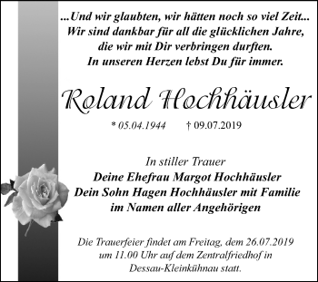 Traueranzeige von Roland Hochhäusler von Mitteldeutsche Zeitung Dessau-Roßlau