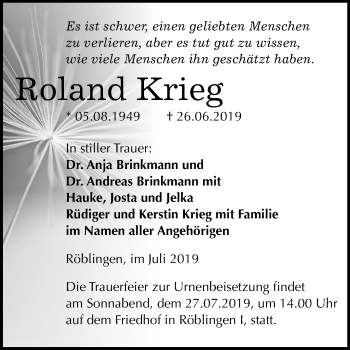 Traueranzeige von Roland Krieg von Mitteldeutsche Zeitung Mansfelder Land