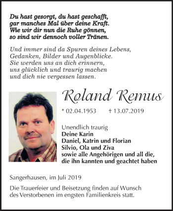 Traueranzeige von Roland Remus von Mitteldeutsche Zeitung Sangerhausen