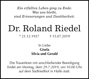 Traueranzeige von Roland Riedel von Mitteldeutsche Zeitung Halle/Saalkreis