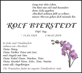Traueranzeige von Rolf Bierstedt von Super Sonntag Wittenberg