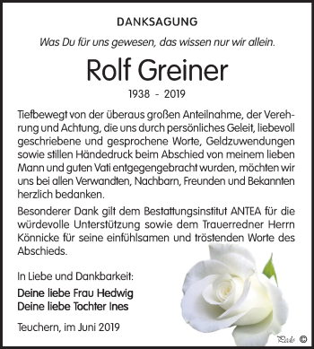 Traueranzeige von Rolf Greiner von Wochenspiegel Weißenfels