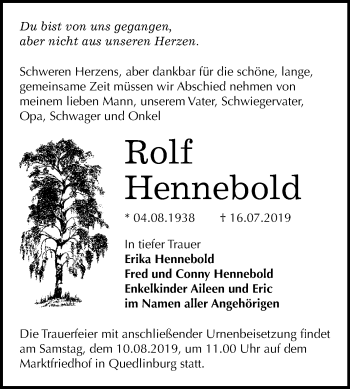 Traueranzeige von Rolf Hennebold von Super Sonntag Quedlinburg