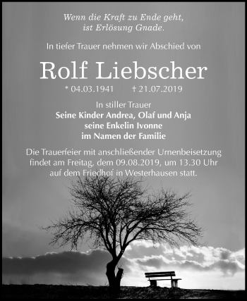Traueranzeige von Rolf Liebscher von Super Sonntag Quedlinburg
