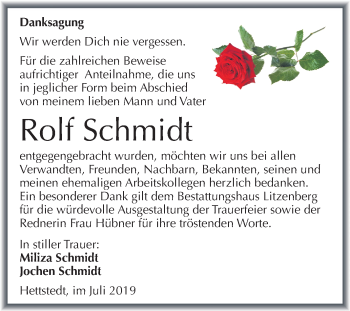 Traueranzeige von Rolf Schmidt von Super Sonntag Mansfelder Land