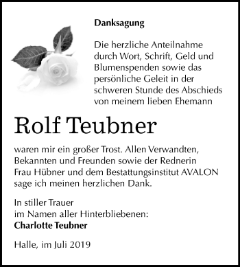 Traueranzeige von Rolf Teubner von Mitteldeutsche Zeitung Halle/Saalkreis
