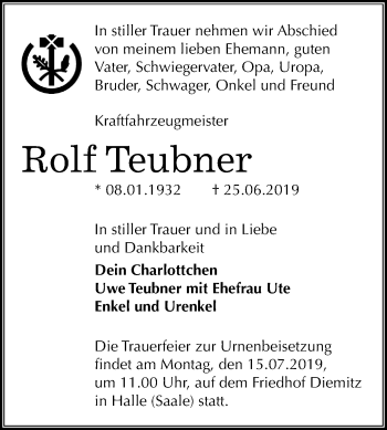 Traueranzeige von Rolf Teubner von Mitteldeutsche Zeitung Halle/Saalkreis