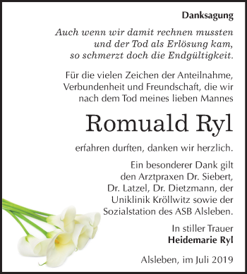 Traueranzeige von Romuald Ryl von Super Sonntag Bernburg