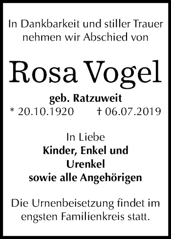 Traueranzeige von Rosa Vogel von Super Sonntag Bernburg