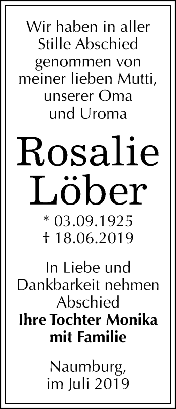 Traueranzeige von Rosalie Löber von Wochenspiegel Naumburg/Nebra