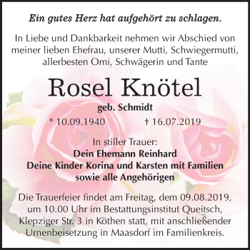 Traueranzeige von Rosel Knötel von Mitteldeutsche Zeitung Köthen