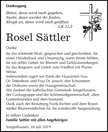Traueranzeige von Rosel Sättler von Super Sonntag Sangerhausen